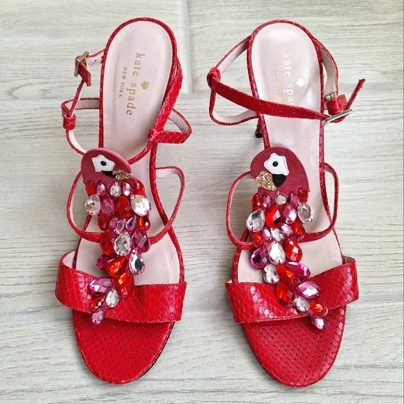 Kate Spade Red Idalou Parrot Sparkly Gem Ankle Strap Heels - Size 9 - Picture 4 of 13